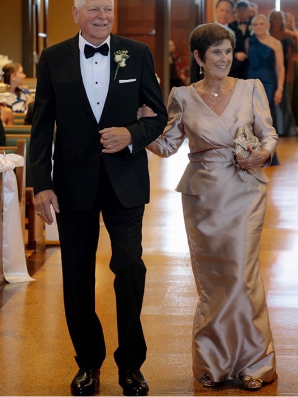 Grandmother of the Bride-Cameron Blake Satin V-Neck Wrap Dress in Champagne
